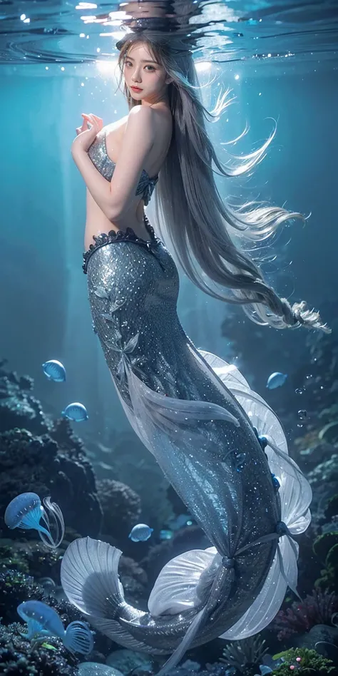 (Piece Fly), (best quality), Very detailed, pretty mermaid, Full body shot, perfect face, beautiful girl, Very detailed顔，Big breasts，mermaid tail，( long gray hair :1.5)，(blue eyes:1.4)，(float:1.2)，(In the water:1.2)，seabed，bubble，Small fish，Light，Jellyfish...