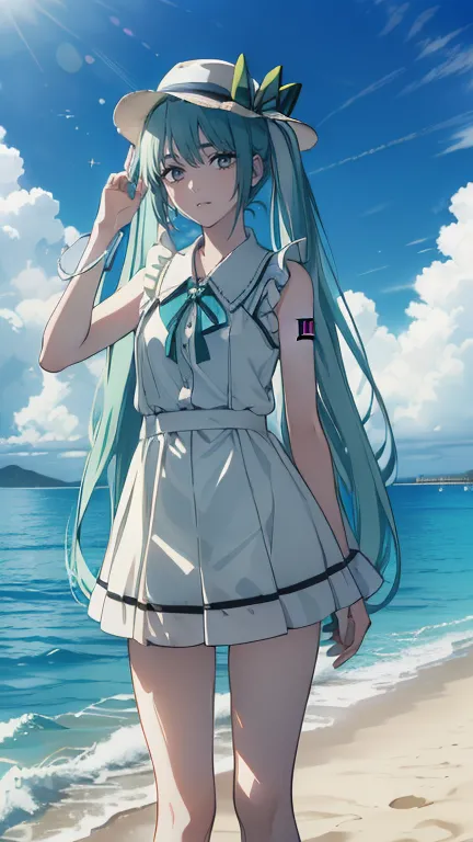 (((( is amazing,  best quality of wells, Ultra High Definition)))), ((( Hatsune Mikuが ビーチで空が綺麗，)))(((明るいsmile,)))((smile，不適なsmile，大胆なsmile，Mr.々なsmile， turn your hands backwards))  ( Hatsune Mikuの衣装， Hatsune Mikuのスカート、 Hatsune Mikuのヘットセットをつけていsる，Garter belt...