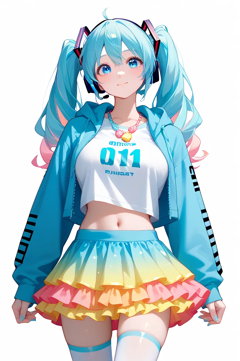  Hatsune Miku, Alone, Cute woman, Beautiful woman, Cute face, Light blue eyes, Shining eyes, Light blue hair, Twin tails, Big breasts, pastel blue headphones with cute design head ribbon, wear a pastel blue short hoodie jacket over a long T-shirt, layering...