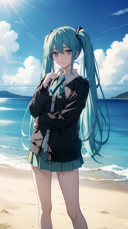 (((( is amazing,  best quality of wells, Ultra High Definition)))), ((( Hatsune Mikuが ビーチで空が綺麗，)))(((明るいsmile,)))((smile，不適なsmile，大胆なsmile，Mr.々なsmile， turn your hands backwards))  ( Hatsune Mikuの衣装， Hatsune Mikuのスカート、 Hatsune Mikuのヘットセットをつけていsる，Garter belt...