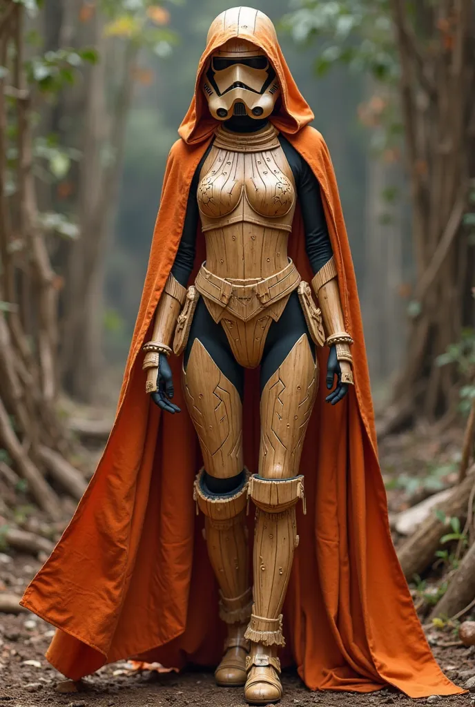 Sexy female stormtrooper (Star Wars), carved wooden leotard, wood helmet, wood armor, wood mask, wearing blood orange cape