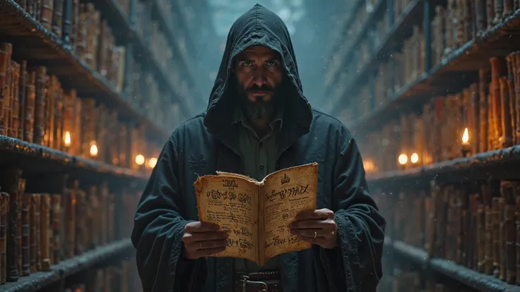 A hyper-realistic, cinematic depiction of a shadowy figure cloaked in a deep hood, standing in a dimly lit medieval library, holding an ancient parchment with mysterious inscriptions. The figure’s face is mostly hidden, with only a faint glimpse of a beard...