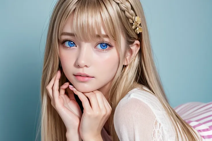  beautiful cute face, beautiful beautiful blonde hair , Half Body Shot ,美しい長いbangs, beautiful cute hair between the eyes , striped hair,Round face、very bright pale light blue eyes、 big eyes、pure white beautiful skin 、 the luster of young cheeks 、Pink dress...