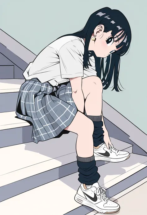 (masterpiece, best quality),source_anime,(best quality, masterpiece, ultra highres, ultra-detailed:1.2) ,flatcolor,pop style art,
A tween girl ,highly detailed digital illustration of a cheerful young girl sitting on steps in stylish pose. 
She has long bl...