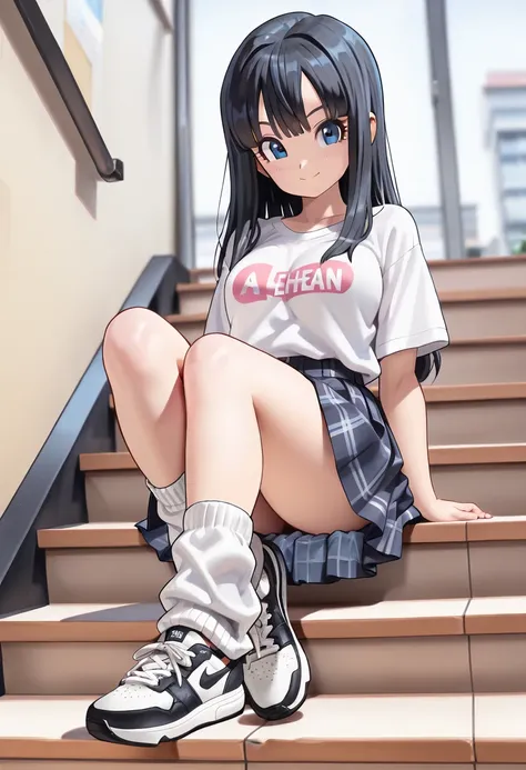 (masterpiece, best quality),source_anime,(best quality, masterpiece, ultra highres, ultra-detailed:1.2) ,flatcolor,pop style art,
A tween girl ,highly detailed digital illustration of a cheerful young girl sitting on steps in stylish pose. 
She has long bl...