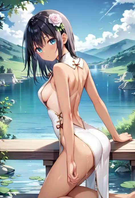 masterpiece, best quality, delicate illustration,ultra detailed skin,  Black Hair, yuuki mikan, 
(1girl:1.2), (tan:1.0), (Medium Breast), (((thin)) micro Chinese dress:1.4), (nude:1.2), (no panties:0.9), (no bra:1.35),  (love juice:1.3), (outdoor), (motion...