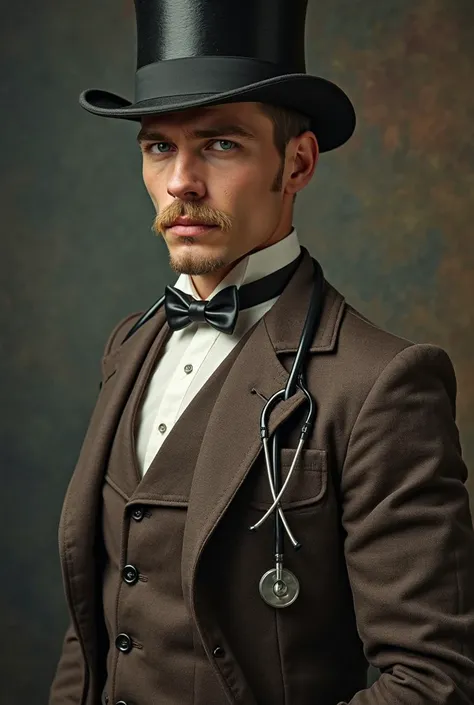 1920, German doctor, 30 years old, glasses, white shirt, brown suit jacket, stethoscope around the neck, whiskers, strong, bow tie, blond, black leather gloves, full body picture, top hat