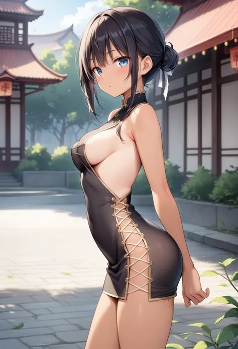 masterpiece, best quality, delicate illustration,ultra detailed skin,  Black Hair, yuuki mikan, 
(1girl:1.2), (tan:1.0), (Medium Breast), See-through ((thin) micro Chinese dress:1.4), (nude:1.2), (no panties:0.9), (no bra:1.35),  (love juice:1.3), (outdoor...