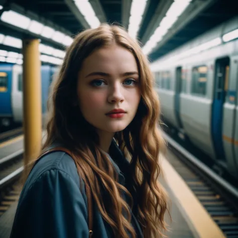 close-up headshot of ((ohwx woman)), ,a girl standing alone, corridor, unlit transit station,  dark night, film grain, depth of field, analog film style, vivid color, 1girl,  upper body,
(looking at  the viewer:1.2),
long hair, blond,   plaid skirt, fog, (...