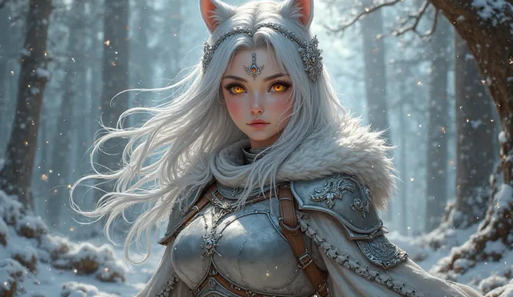 girl Warrior and Goddess Light colored leather Silver hair colors Silver eyebrows Amber eyes Medium-sized chest Medium-sized ass dressed in a raincoat or cape: Made of wolf or deer skin, symbolizing a connection to nature.
 - Armor : lungs,  patterns but s...