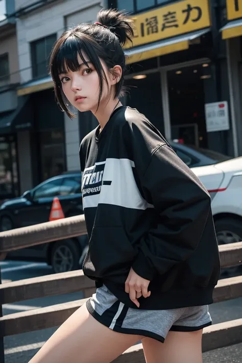  high resolution,   boyish ,    1 girl,  black hair, Sporty shortcuts,   asymmetrical hairstyle  ,  Asymmetrical bangs,   yellow eyes,  There are three circles in the middle of the eye,  Skater Style Street Fashion, slightly oversized bottoms, is standing,...