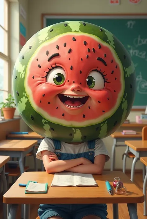 A funny student with a head like a watermelon