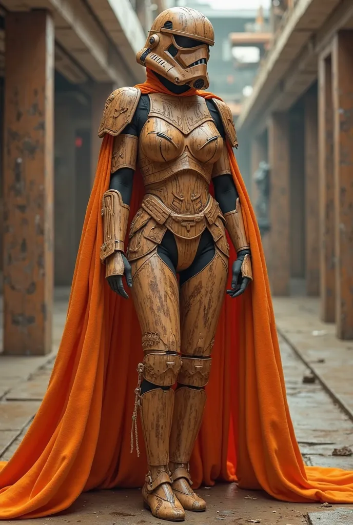 Sexy female stormtrooper (Star Wars), carved wooden leotard, wood helmet, wood armor, wood mask, wearing blod orange cape