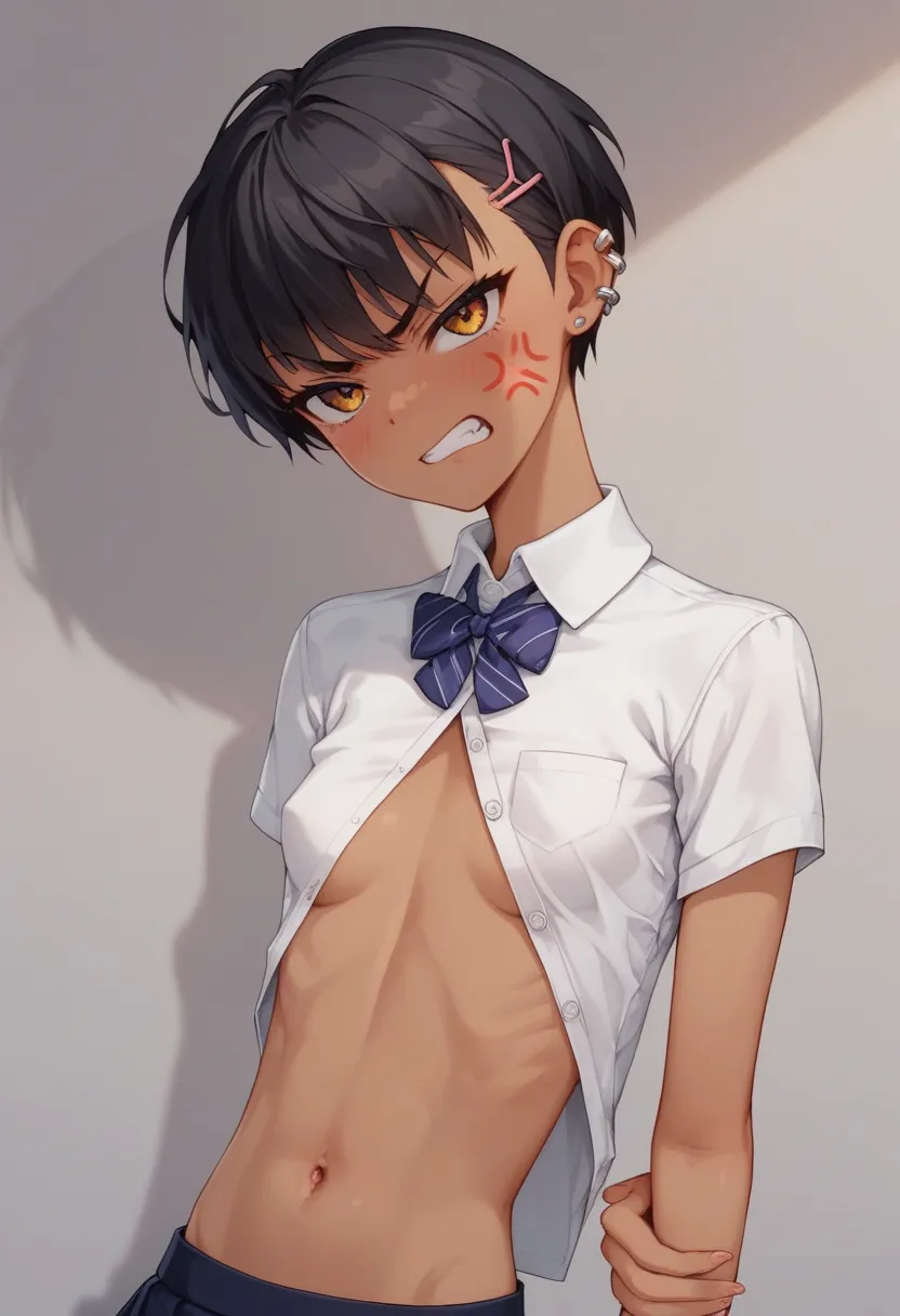  score_9,   score_8_  up,   score_7_  up,   score_６,   score_5_  up,   score_4_  upアニメBREAK ，nsfw， uncensored， 1 young girl， Low，Slightly dark skin，overskirt，Schoolgirl skirt,  fitted dress shirt ,  Medium Boyish Haircuts ,  Short Boyish Hairstyles,  soft ...