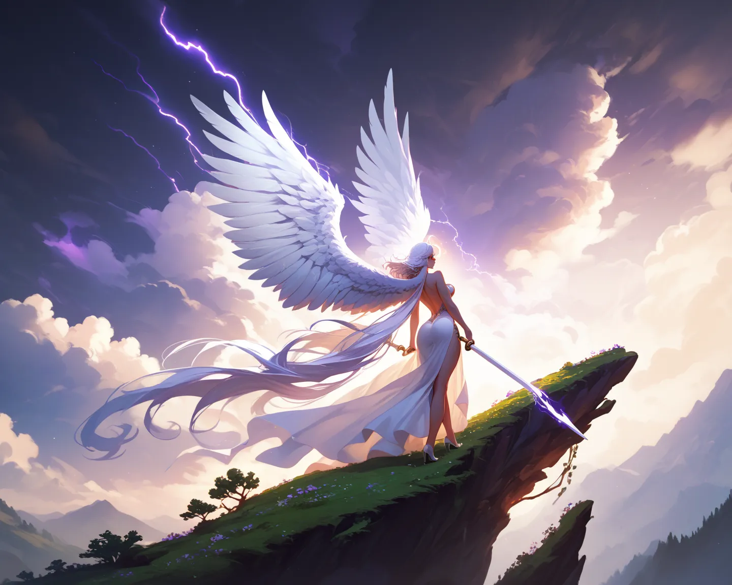 sexy female silhouette on top of a mountain peak surrounded by clouds, silhouetted by an enormous moon, from behind, full body, large angel wings on her back, purple lightning in the clouds, silky form fitting robes, long flowing white hair