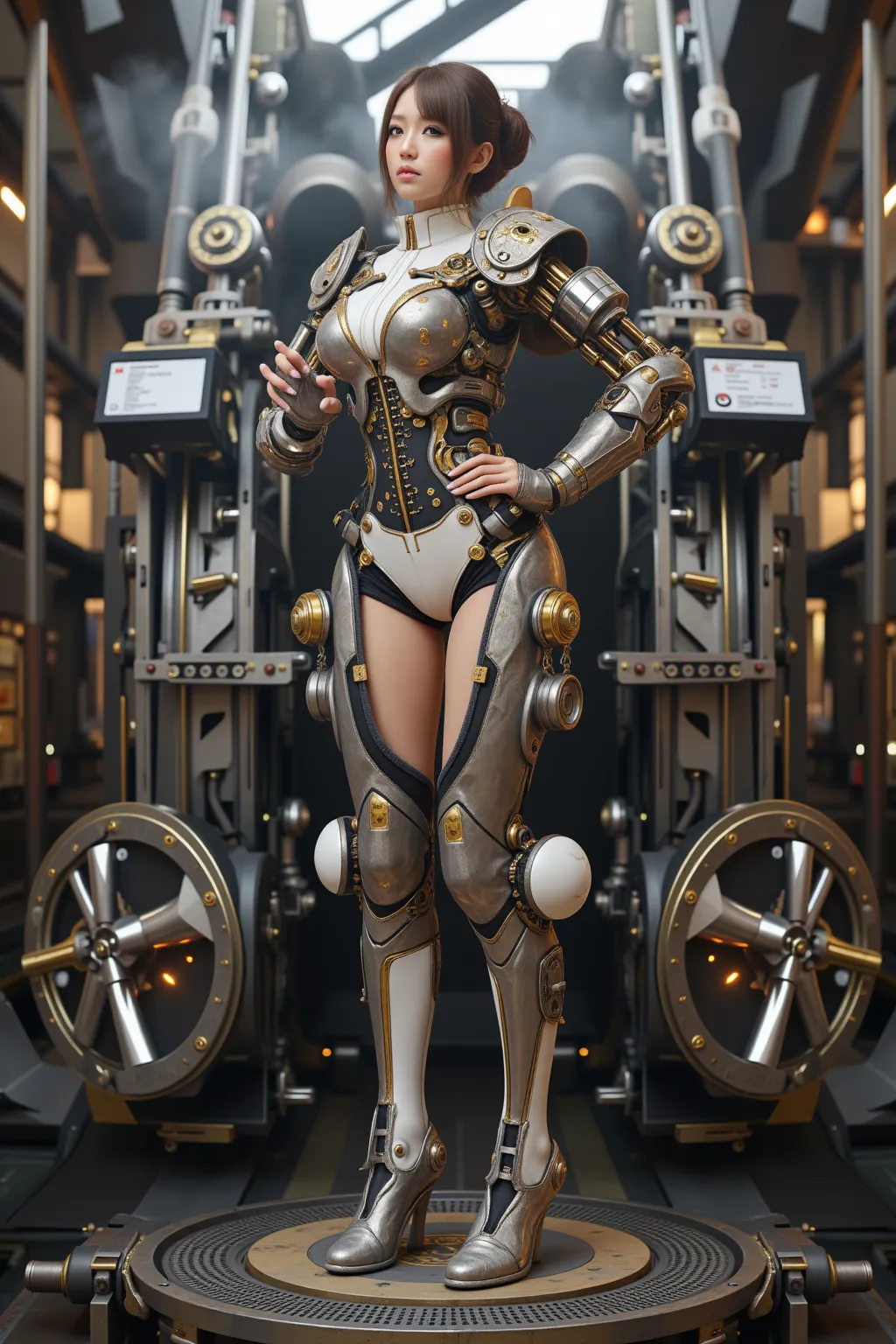 cute Japanese woman (early 20s) in retro-futuristic exoskeleton, (Yamato battleship aesthetics meets 1930s piston engine:1.3), angular armor plates with visible rivet details, multiple exposed reciprocating engine components: [radial piston clusters:1.2], ...