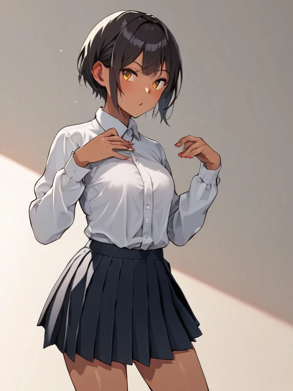  score_9,   score_8_  up,   score_7_  up,   score_６,   score_5_  up,   score_4_  upアニメBREAK ，nsfw， uncensored， 1 young girl， Low，female middle school students，Slightly dark skin，overskirt，pleated skirt, fitted long sleeve dress shirt,  Medium Boyish Haircu...