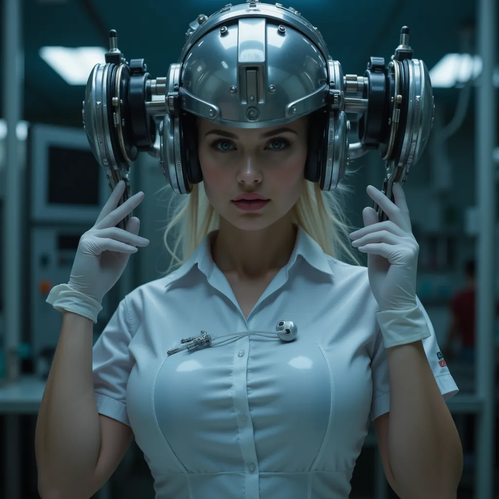 Highquality photo, photorealistic portrait of a slim young ((fullbreasted)) blonde nurse, looking murderous into camera, looking dominant determined into camera, evil scowling, standing in a dimly lit medical laboratory, ((((holding in both hands a metal h...