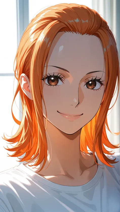 masterpiece, high score, great score, absurdres, close-up portrait, upper body, beautiful woman, nami, one piece, orange hair, medium hair, hair slicked back, sidelocks, beautiful brown eyes, looking at viewer, smile, ;), white t-shirt, simple background, ...