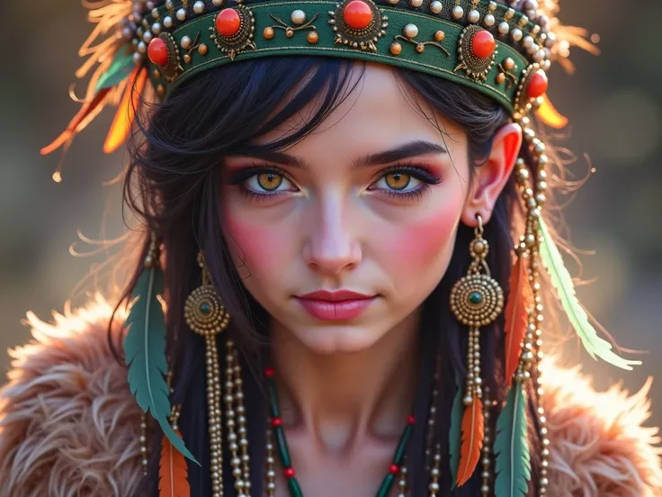  beautiful Cherokee woman 、 wearing a beautiful emerald headdress, , , copper, Pearl,  white and beige ,  feathers made of bright neon in various colors ,  flare on camera , Bokeh, Full Moon Night 
