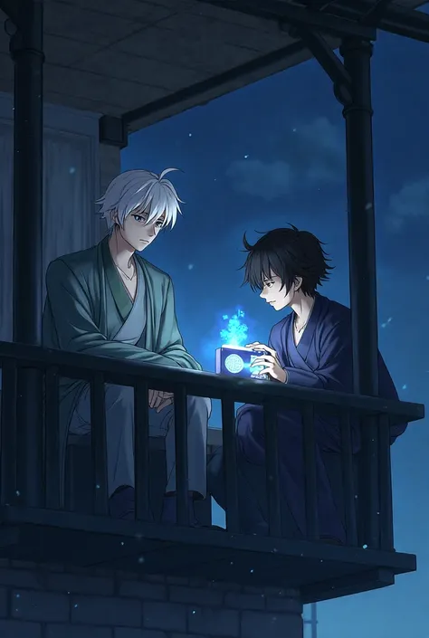 Gojo Satoru wearing his jujustu uniform sitting on a balcony with Geto Suguru listening to a radio with glowing audio notes coming from it, it is night and their full bodies are shown