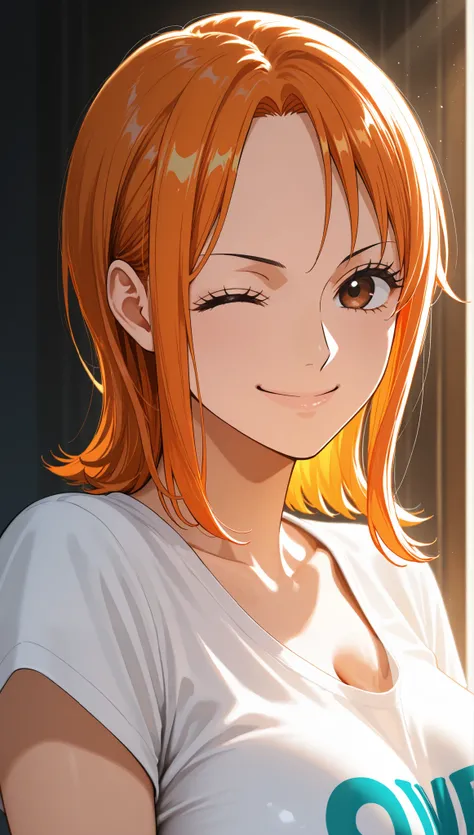 masterpiece, high score, great score, absurdres, close-up portrait, upper body, beautiful woman, nami, one piece, orange hair, medium hair, hair slicked back, sidelocks, beautiful brown eyes, looking at viewer, smile, wink, ;), white t-shirt, simple backgr...