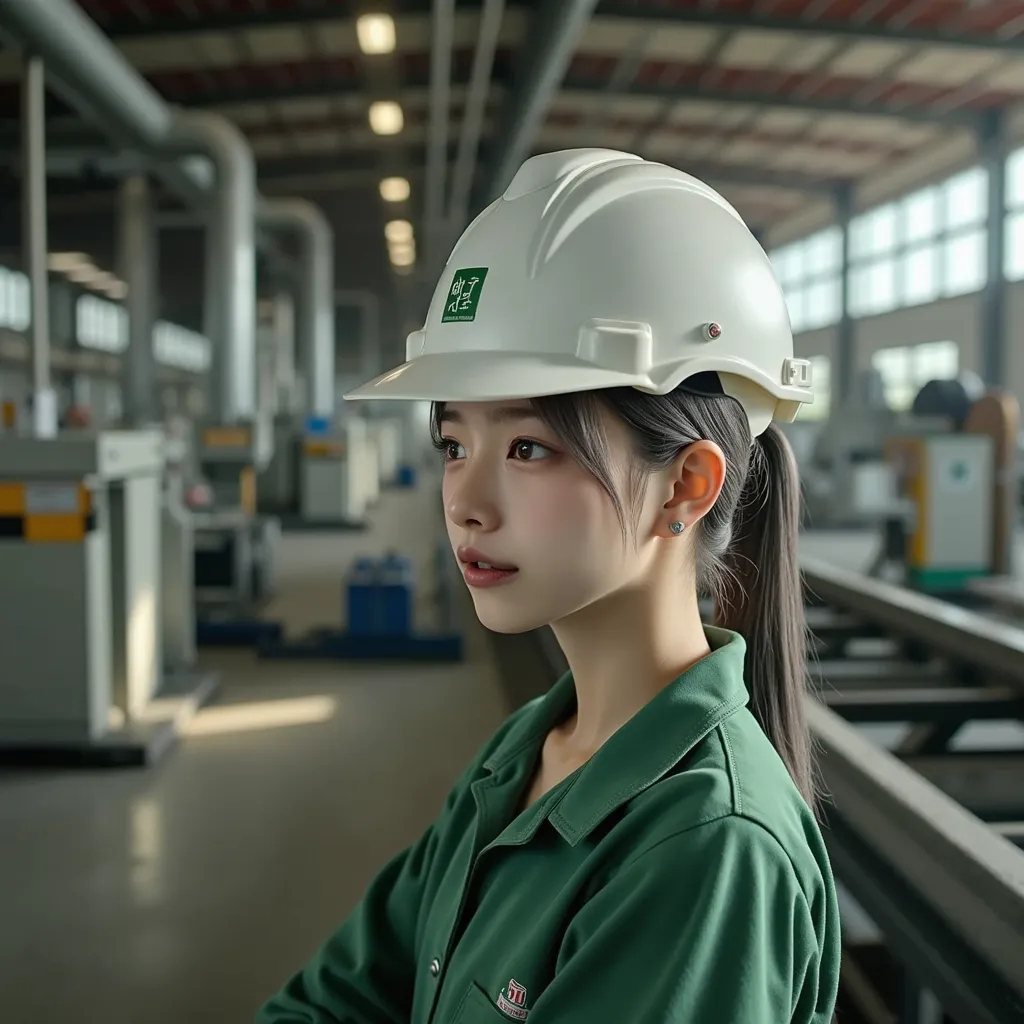 Japanese girl , green shirt , white helm , as an employed at oil palm factory , look left , grey hair