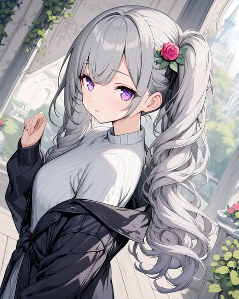girl,( Long, flowing hair ), Detailed skin ,(( masterpiece, best quality ))++, Detailed Lighting +, Fine Hair+, Detail Hand+ , miss, Light purple eyes, pretty eyes , Young white hair,(Beautiful grey hair :1.5),( Beautiful and Delicate Eyes ), ...