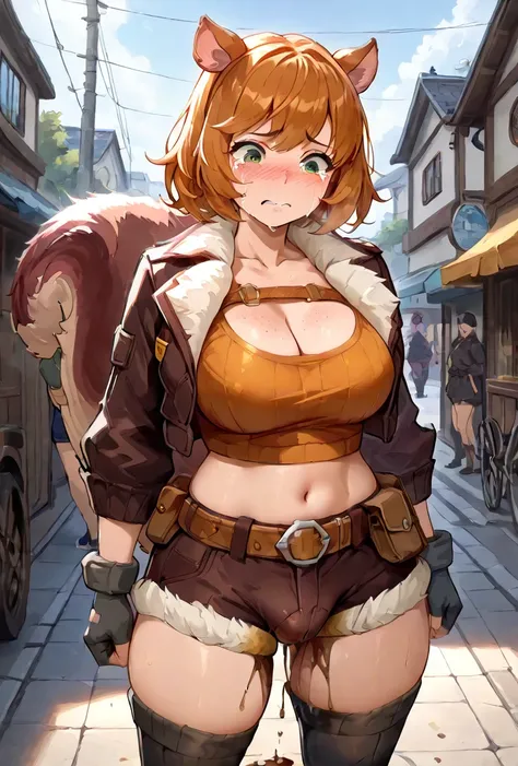 (( masterpiece)), better quality, amazing quality, nsfw, (masterpiece:1.2), (best quality:1.2), (very aesthetic:1.2), (absurdres:1.2), (detailed background), sexy figure, 1girl, squirrelgirlSDXL,1girl,short hair,brown hair,thighhighs,gloves,navel,animal ea...