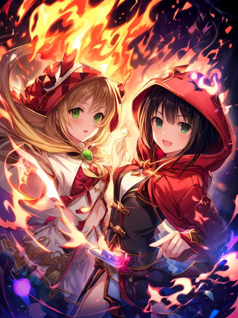 2 girls,very cute.
((the 1st girl has a sword in her right hand. She wears a red hood.she has long blonde hair.))
( the 2nd girl has magic wand emitting flames. She wears a green hood.she has short black hair.) 
masterpiece,anatomically correct, high resol...