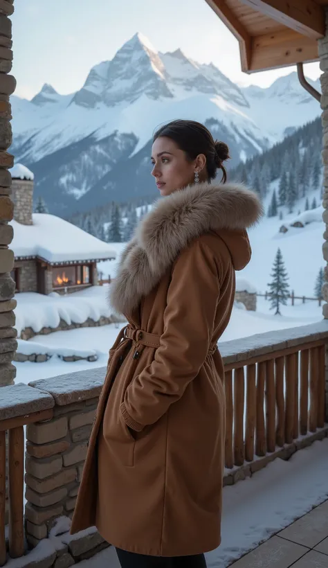 (masterpiece, ultra-detailed, cinematic, ultra-luxury hidden alpine retreat, high resolution,
((A confident and effortlessly elegant female travel influencer, 23 to 28 years old, standing on a private chalet balcony, wrapped in a high-end designer winter c...