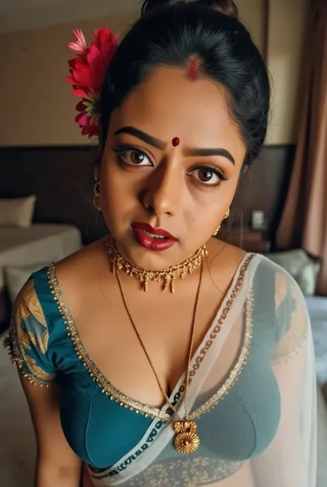 Pov camera view, Indian milf on her knees, looking at camera, with lust in her eyes, black hair tied around, flowers in head,sandal mark on forehead, sindhur on forehead (vermilion mark on forehead in the middle of hair partition,transparent white Saree, d...