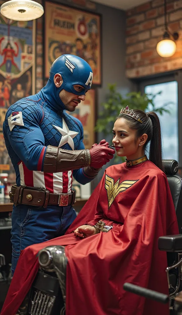 A superhero themed barbershop scene.  The layout is vertical , focuses on the two main characters.

 On the left , seorang pria mengenakan dress full set kapten amerika kostum biru, white, and red with a head mask with the emblem "a" yang menyerupai seoran...