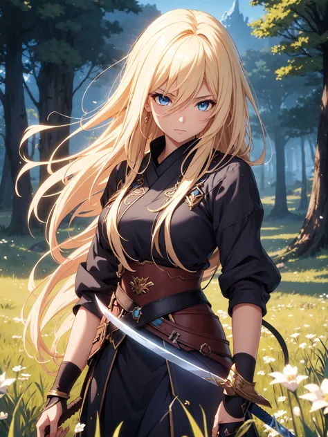 close-up of a girl with a sword in a field, 2. 5D cgi  Anime Fantasy Artwork ,  epic fantasy digital art style, Epic fantasy art style HD, 4k fantasy art, High quality fantasy art,  Epic Fantasy Card Game Art ,   Spectacular Exquisite Character Art  , Epic...