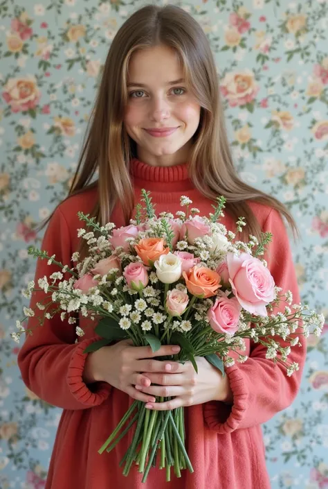 The picture shows a girl, holding a bouquet of flowers, Gitta Novyn&#39;s poster, instagram, letters, 😃😀😄☺🙃😉😗, 8 k)), 8 to, 1 as February), 🎀 🧟 🍓 🧚, , 🎀 🗡 🍓 🧚, 8 k!!!!!