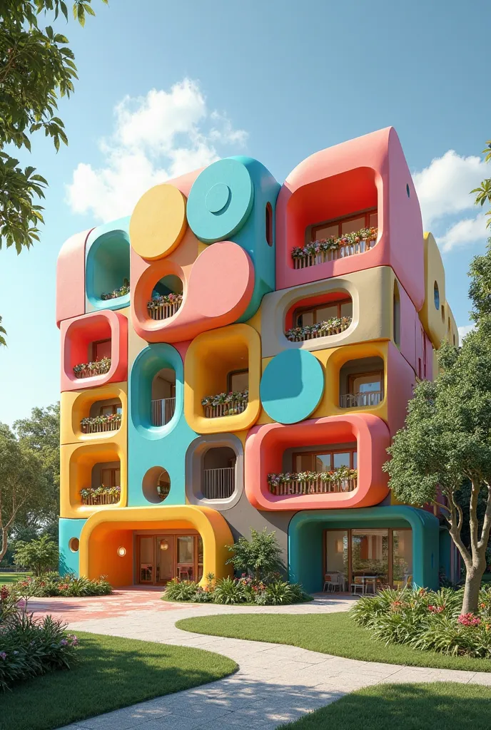 I want the concept of the exterior of a large kindergarten to be designed on two floors. Circle, square and triangle should be used in volume

