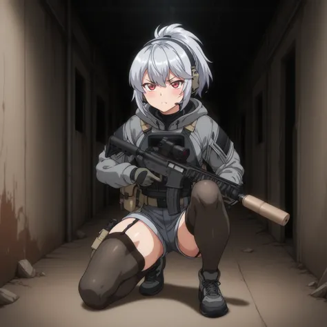 A tactical anime-style adult female soldier wearing tactical gear with a fleshy, glamorous figure。 with short silver hair tied in a ponytail with a navy hair band 、 has red eyes 。 serious expression。equipped with black tactical armor over a gray hooded jac...