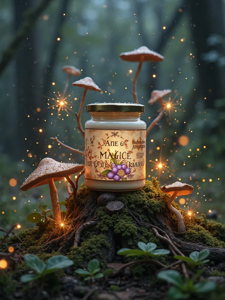 In the photo, a plastic cream jar stands on the grass, and tree roots are wrapped around it. Dew drops sparkle under the jar. they are intertwined with each other and with other leaves {x} The label depicts wild berries with a magic theme.  an exquisite pa...