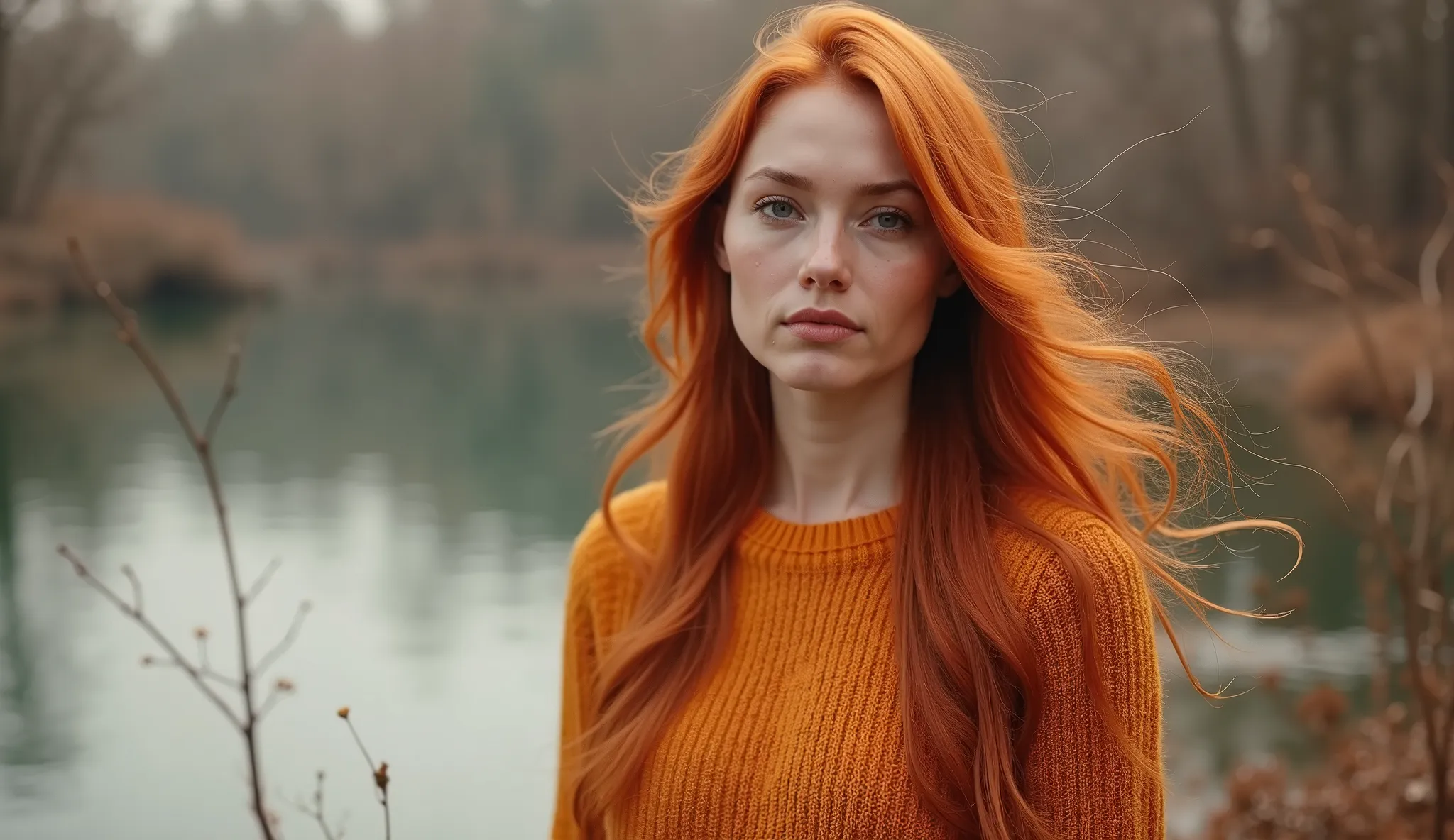 (photorealism:1.2),"A woman with long red hair wears a bright orange sweater, standing outdoors by the water. She gazes softly at the camera with a thoughtful expression, her hair flowing gently in the breeze. The blurred background shows a peaceful natura...