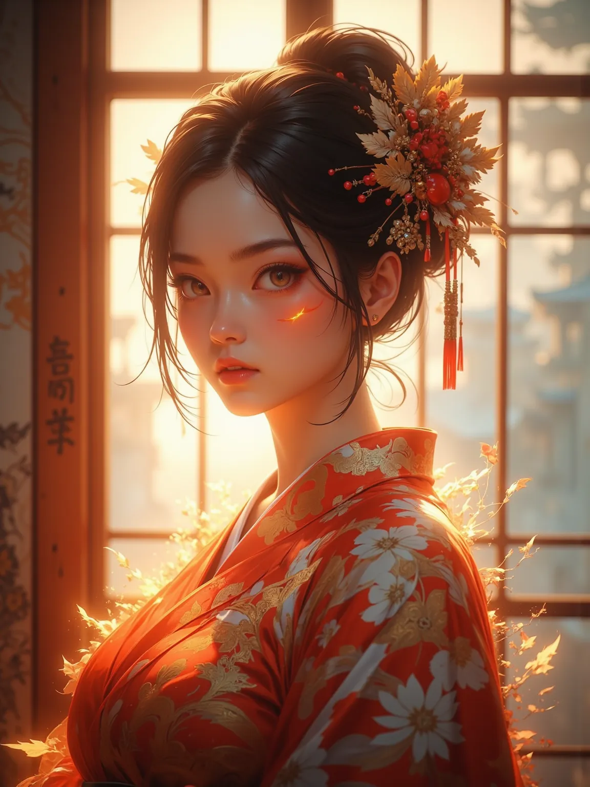 A charming photograph depicting a young and radiant Japanese lady， Wearing a traditional kimono ，Illuminated by soft and bright light，brings out a serene and elegant composition。