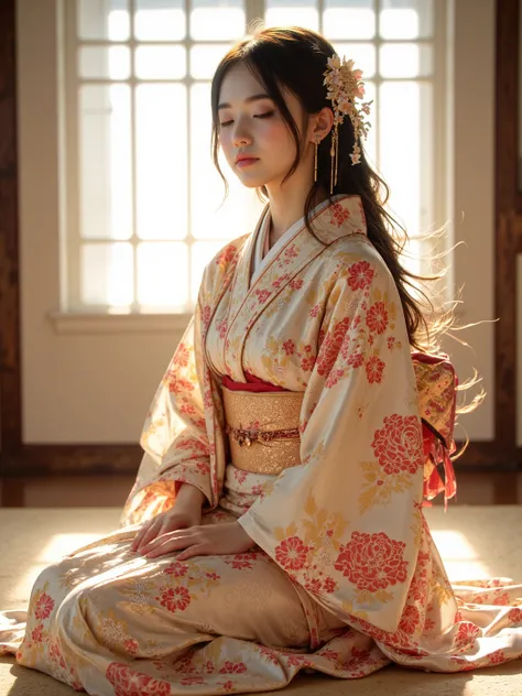 A charming photograph depicting a young and radiant Japanese lady， Wearing a traditional kimono ，Illuminated by soft and bright light，brings out a serene and elegant composition。