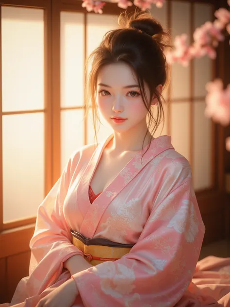 A charming photograph depicting a young and radiant Japanese lady， Wearing a traditional kimono ，Illuminated by soft and bright light，brings out a serene and elegant composition。