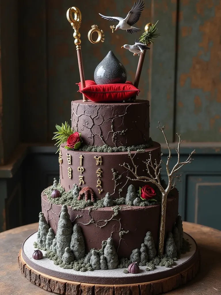 "Ultra-realistic birthday cake inspired by Gandalf and Saruman, fantasy food photography, dark chocolate tiers with edible Elvish silver runes, One Ring on red velvet pillow, Gandalf's sugar glass staff with crystal orb, Saruman's black palantír sphere, st...