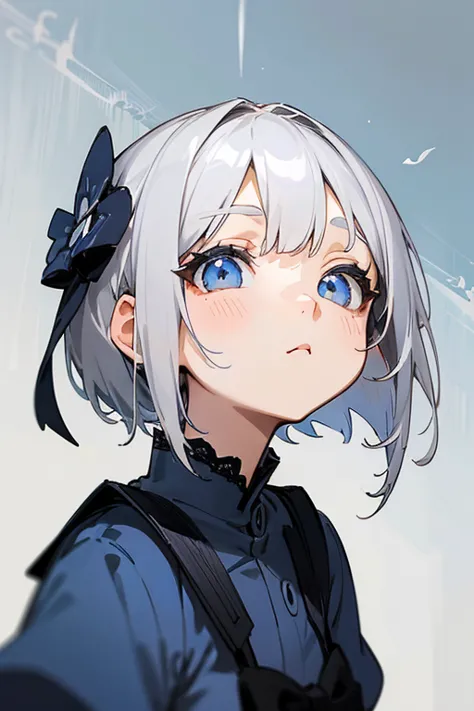     short white hair 、details、 (( anime beautiful eyes looking up from the front )).     lace dress、 ((    gray eyes:1.25)).Headbang 2.、       navy blue uniform       、    face up   、(Cute upward glance).