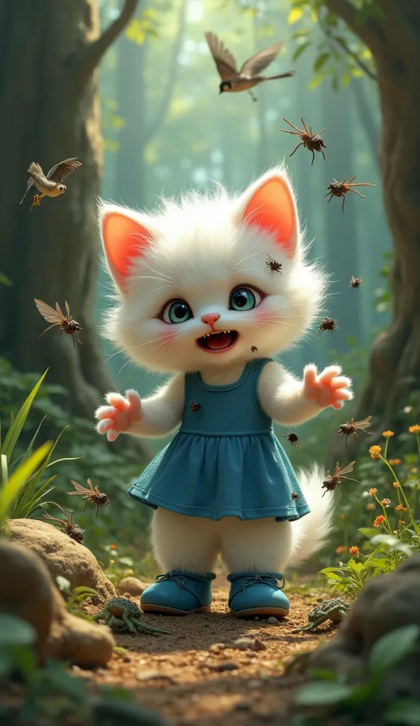 


A four-year-old anthropomorphic white kitten, about 2 feet tall, stands in a dense forest, overcome with fear and panic. She has curly white fur and is dressed in a sleeveless blue frock with matching blue shoes. Her eyes are wide with terror, her mouth...