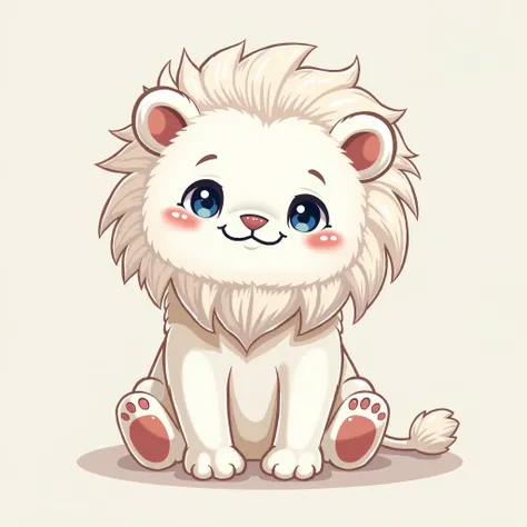 A white lion  in a pop and cute illustration style。Big, fluffy white mane、round blue eyes。Deformed with a slightly larger head and smaller body、 has slightly pink cheeks 。with a smirking expression and、sitting with their forelegs aligned。The lines are soft...