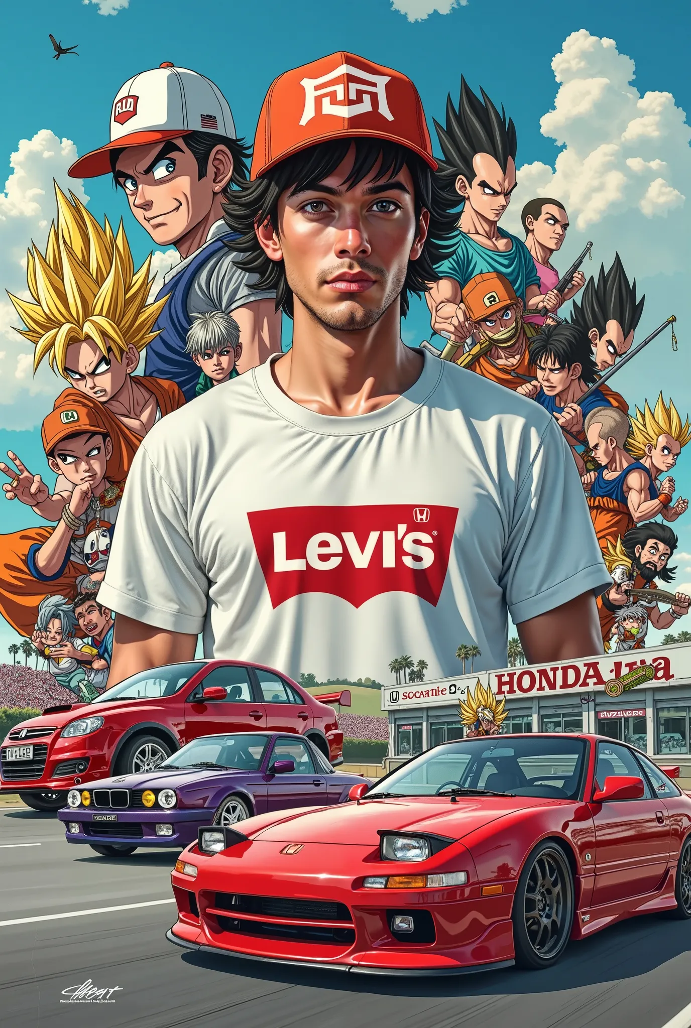 Creat a collage for a front cover using honda collage s2k civic ballade animated, car guy with a beard wearing cap and white levi t shirt, dragonball z included, with a race track in the background sporty honda cars and some vintage 