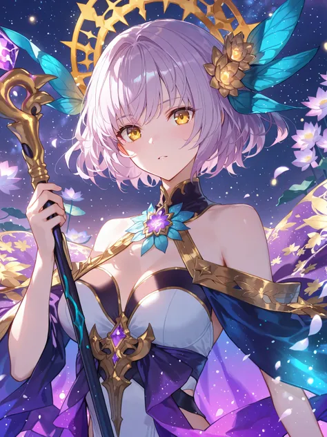 ultra detailed illustration of goddess in fantasy costume, solo, bare shoulders, holding a magical cane with golden decorations and a glowing amethyst, intricate golden halo, light purple short hair, golden eyes, beautiful purple and blue gradation cape, u...