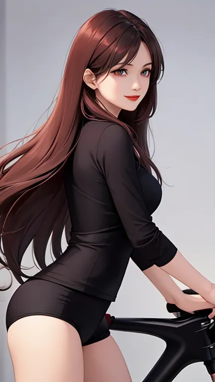 woman , long hair brown, normal, dark, she is solo, from alternative world ,best quality, realistic, cycling (full dark red color) suit and cycling sports black shorts, she is stand , smile, red lipstick , 