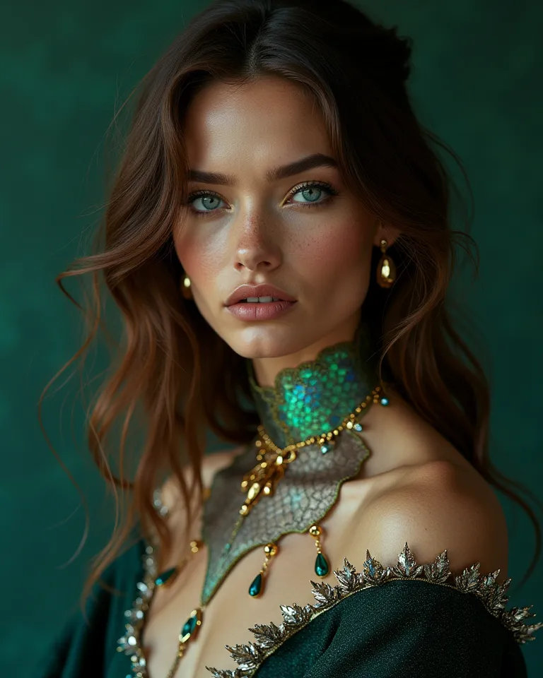 Subject:
"A 24-year-old model with liquid mahogany hair (high-gloss waves, softened flyaways), sapphire-blue eyes (micro-textured limbal rings, diamond catchlights), and pore-perfect skin (cinnamon freckles, dewy T-zone). Her gaze blends untouchable luxury...